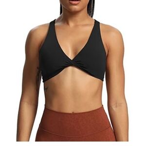 Black Racerback Sports Bra with Twist V-Neckline, New, Size M